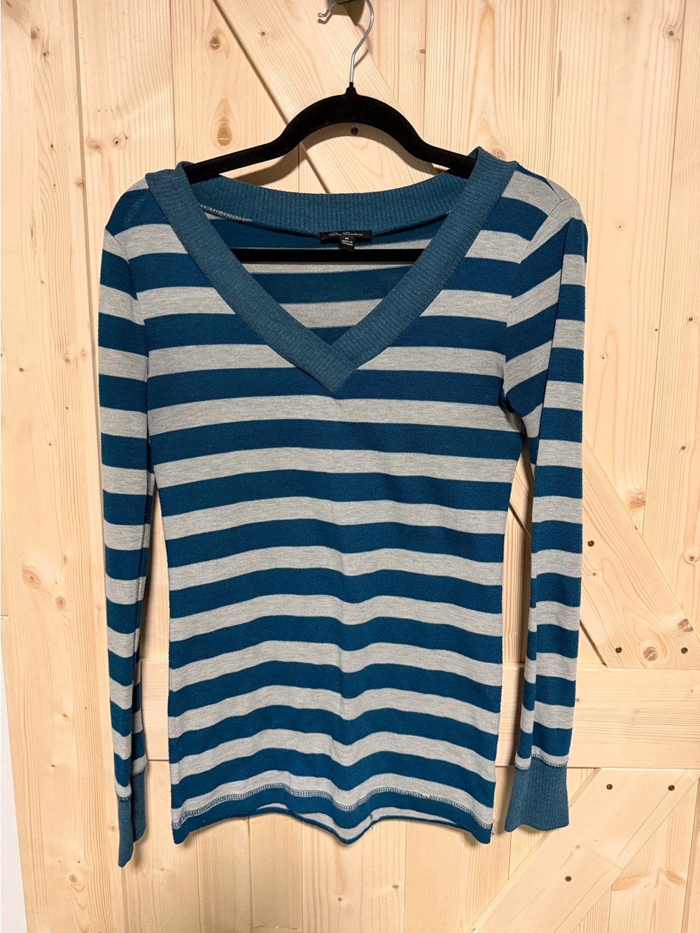 DNA couture Teal and Gray Striped V-Neck Top